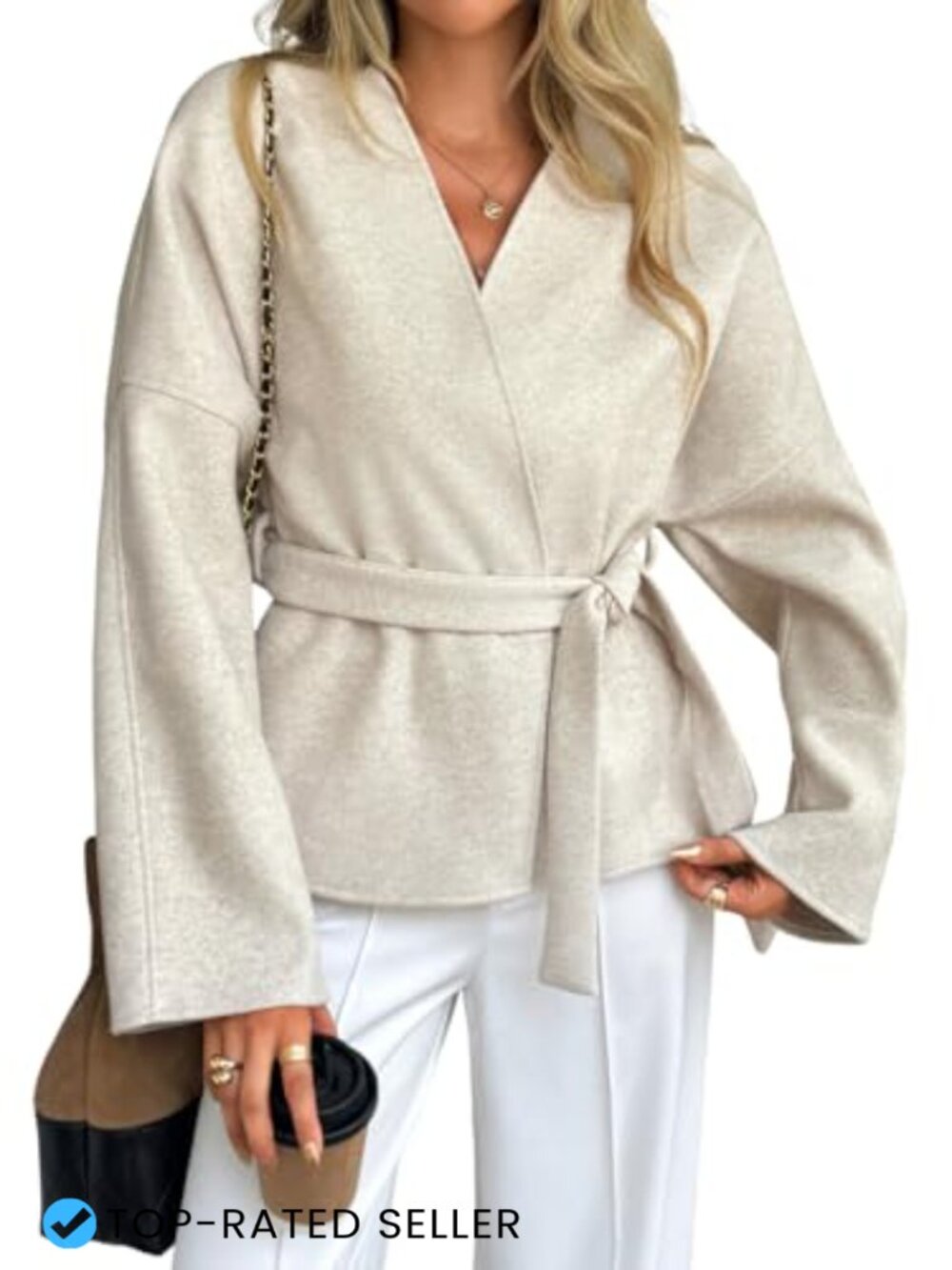Women's Belted Cropped Pea Coat Collarless V-Neck Long Sleeve Polyester Viscose